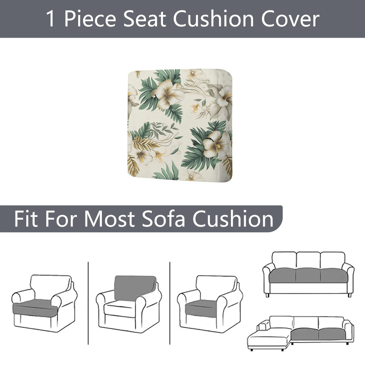 A floral outdoor sofa cushion cover featuring green and white leaves and flowers, shown with fit examples.