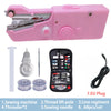 Pink portable mini hand sewing machine with accessories including a thread lift pole needle and sewing needle set