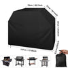 Black waterproof BBQ grill cover with various sized openings and dimensions shown alongside different grill types.