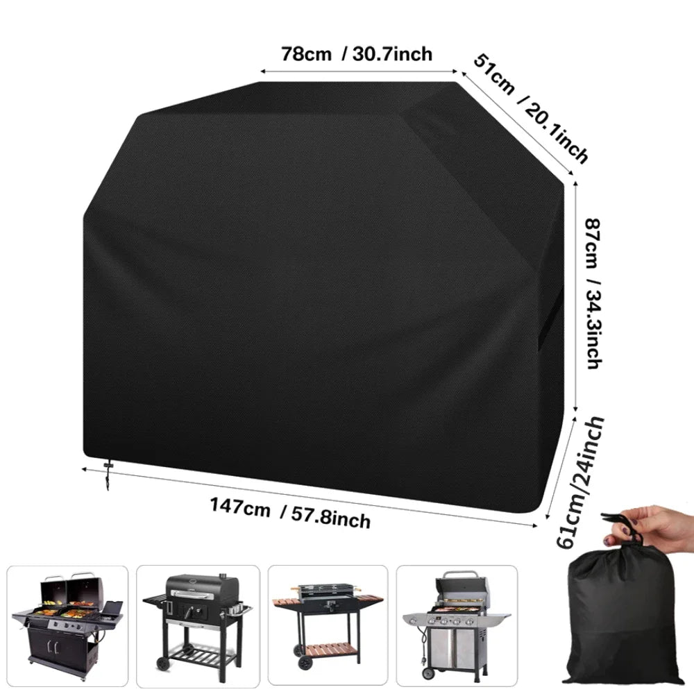 Black waterproof BBQ grill cover with various sized openings and dimensions shown alongside different grill types.