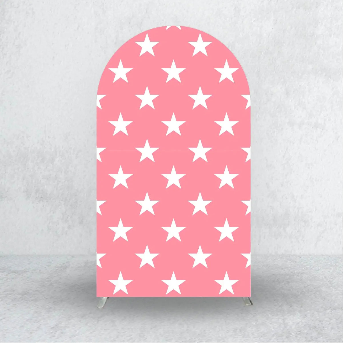 A vertical pink arch backdrop cover patterned with white stars for events