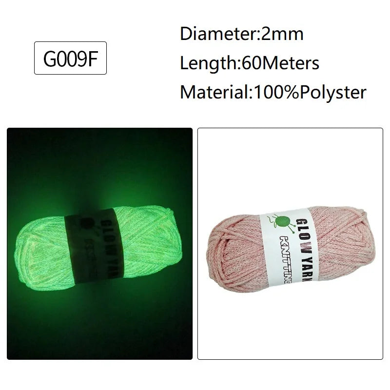 Green glow-in-the-dark polyester yarn labeled G009F with specifications for diameter and length