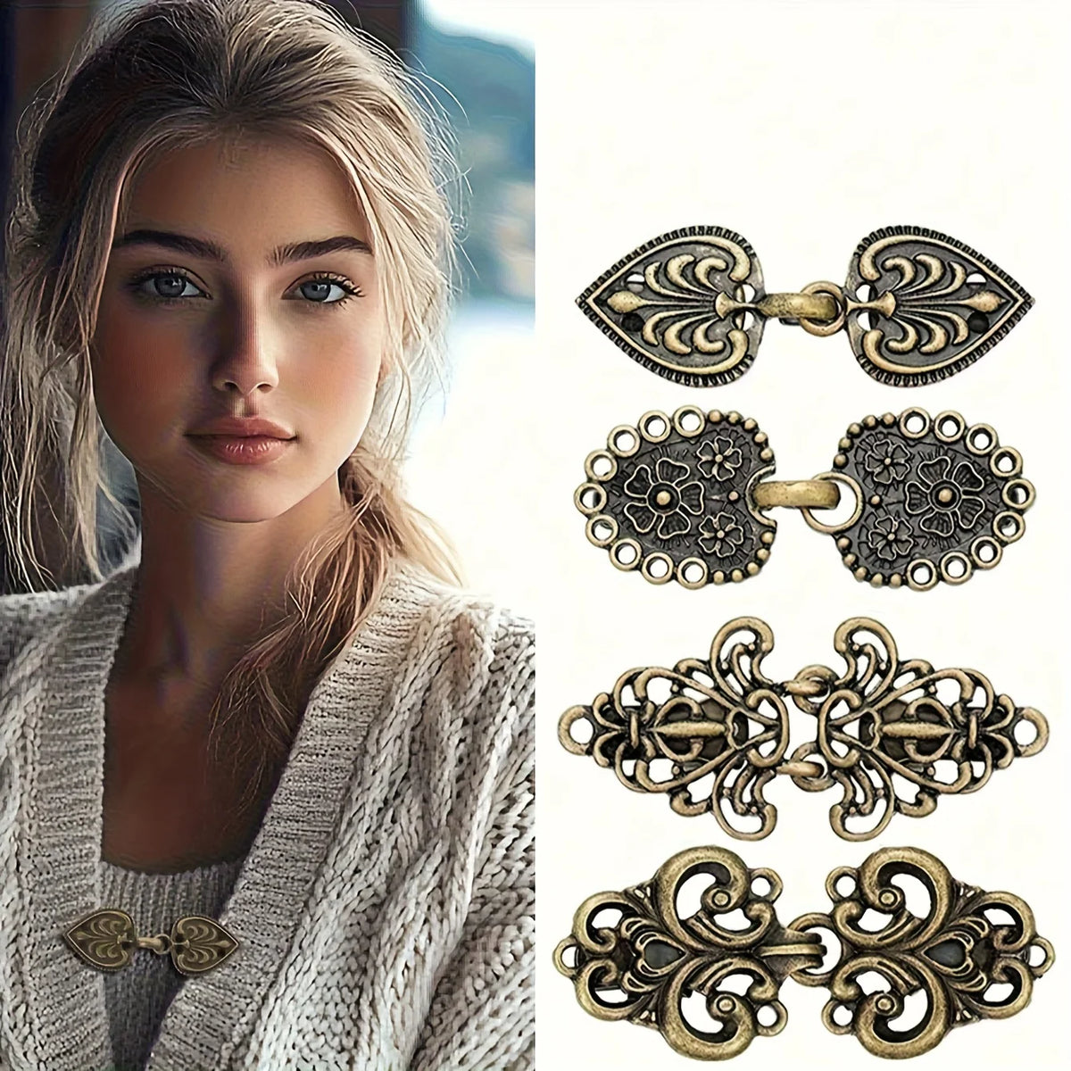 A close-up of a woman wearing a beige sweater, next to a set of vintage zinc alloy sweater clips.