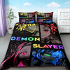 A dark themed duvet cover featuring Demon Slayer characters and imagery.