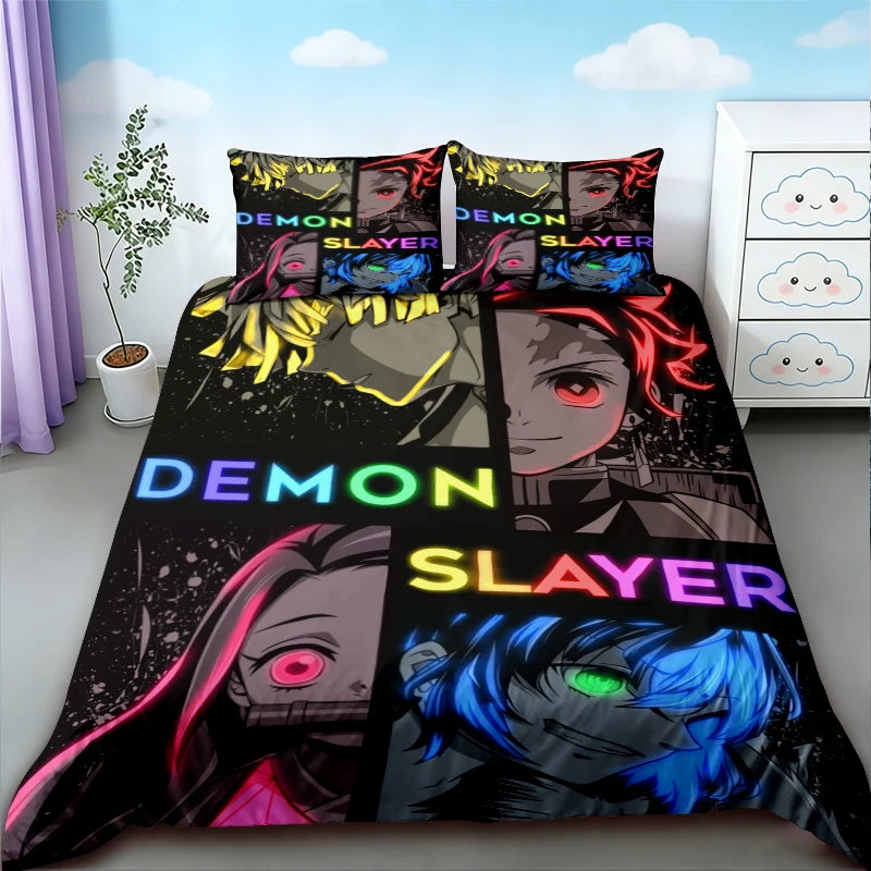 A dark themed duvet cover featuring Demon Slayer characters and imagery.