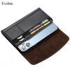 A black leather phone pouch with a magnetic belt clip is shown holding a smartphone.