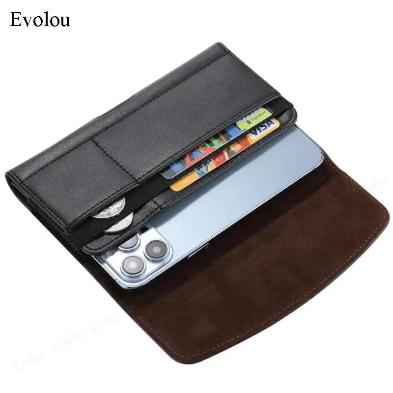 A black leather phone pouch with a magnetic belt clip is shown holding a smartphone.