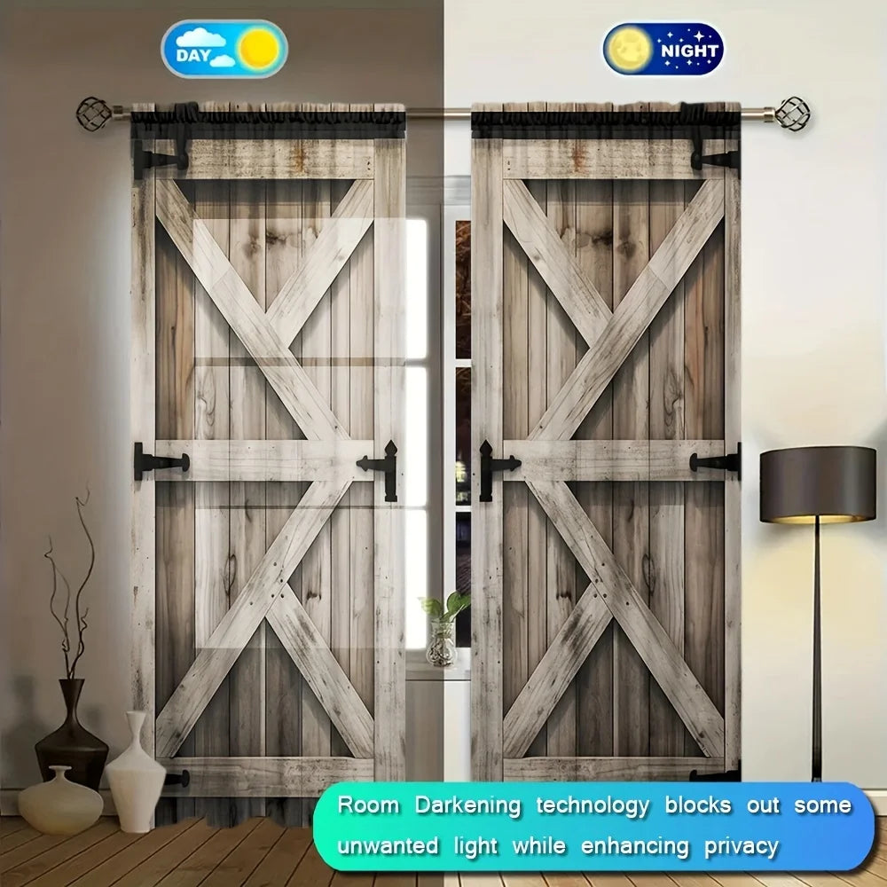 A pair of wooden light-filtering curtains with a rod pocket are shown, demonstrating day and night modes.