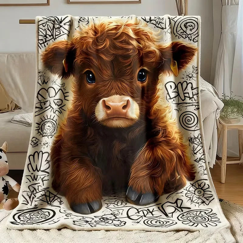 A fluffy brown Highland calf is featured on a blanket with black line art and text.