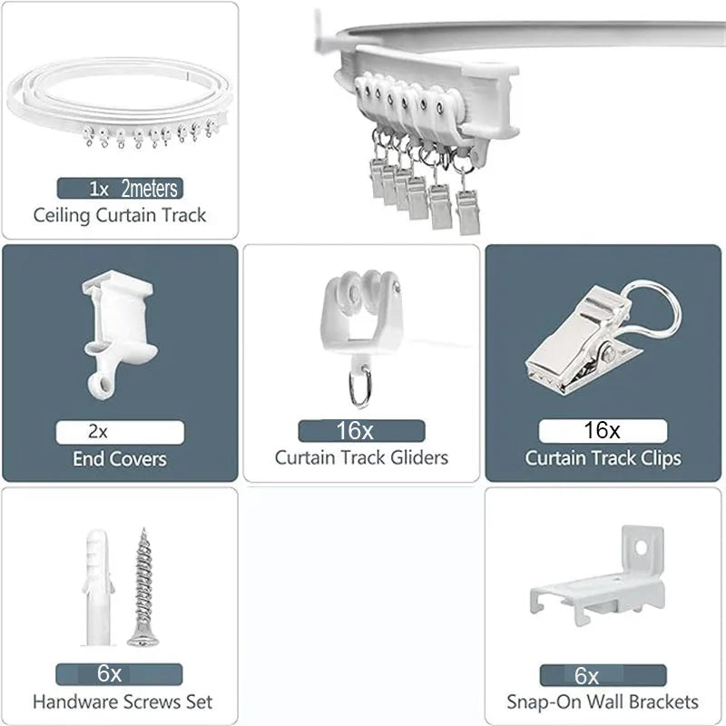 Components for a flexible bendable curtain track including end covers gliders clips and hardware screws
