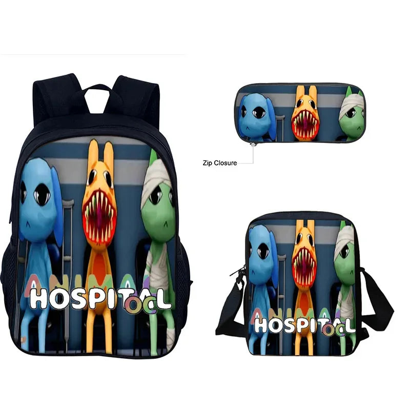 A blue backpack featuring three animal figures in a hospital theme, including a blue elephant, an orange lion, and a green mo