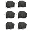 Black heavy-duty outdoor BBQ grill cover shown in various sizes and angles.