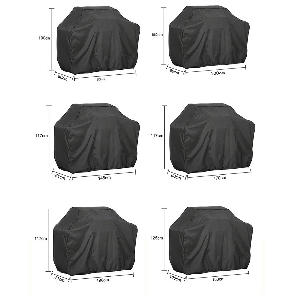 Black heavy-duty outdoor BBQ grill cover shown in various sizes and angles.