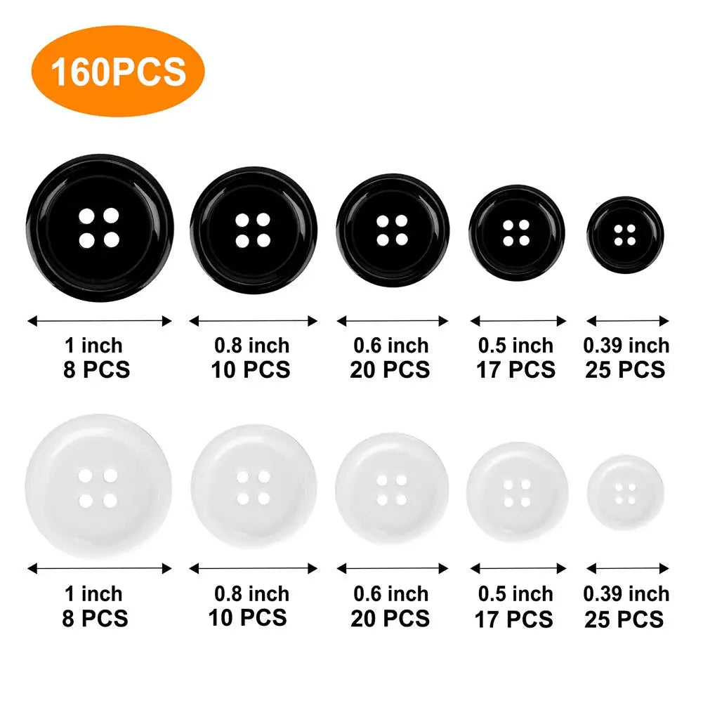 A collection of 160 black resin sewing buttons in various sizes, including 1 inch, 0.8 inch, 0.6 inch, 0.5 inch, and 0.39 inc