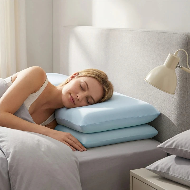 A woman rests her head on a light blue ice silk cooling pillow, illuminated by natural light in a bedroom setting.