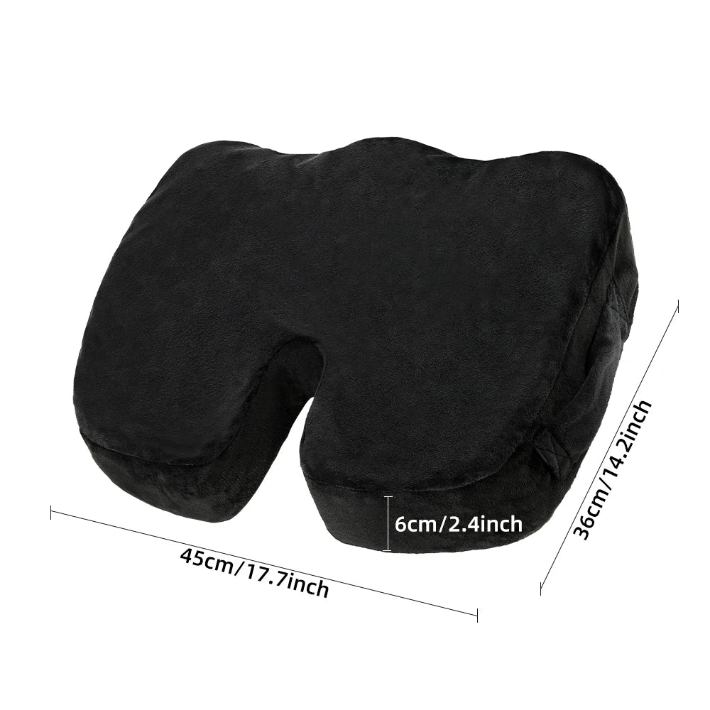 Black ergonomic U-shaped massage seat cushion with dimensions 36cm x 14.2 inches.