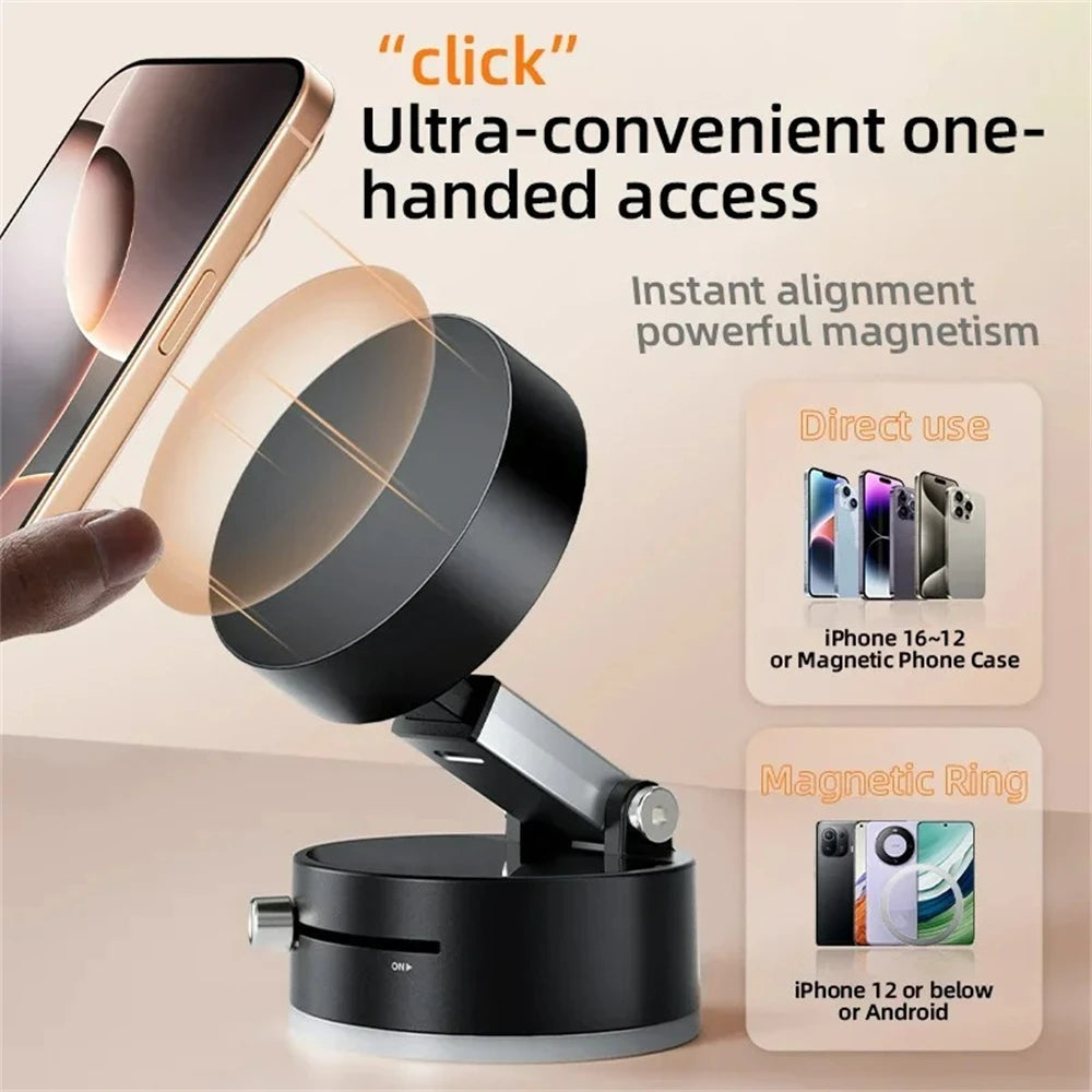 A close-up of a foldable magnetic phone stand with a vacuum suction base and a smartphone being held above it.