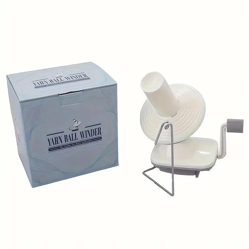 A box and hand operated wool yarn winder device for winding yarn.