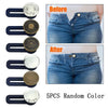 Before and after comparison of a no-sew pant waist expander product shown in five different random colors.