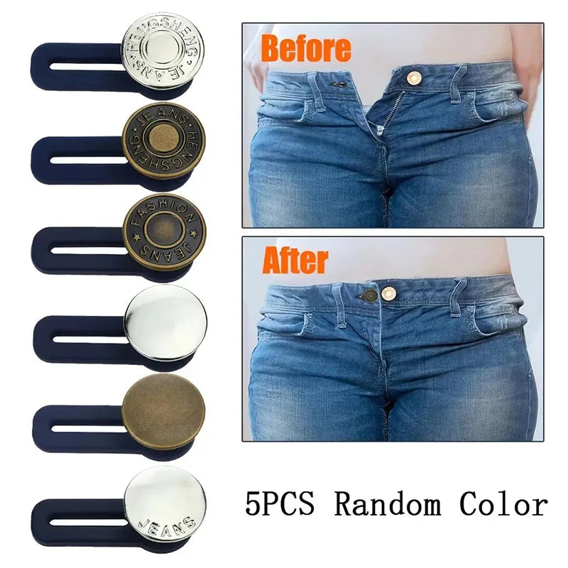 Before and after comparison of a no-sew pant waist expander product shown in five different random colors.
