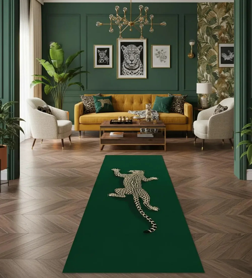 A long emerald green runner rug featuring a silver animal print design on a warm wood floor.