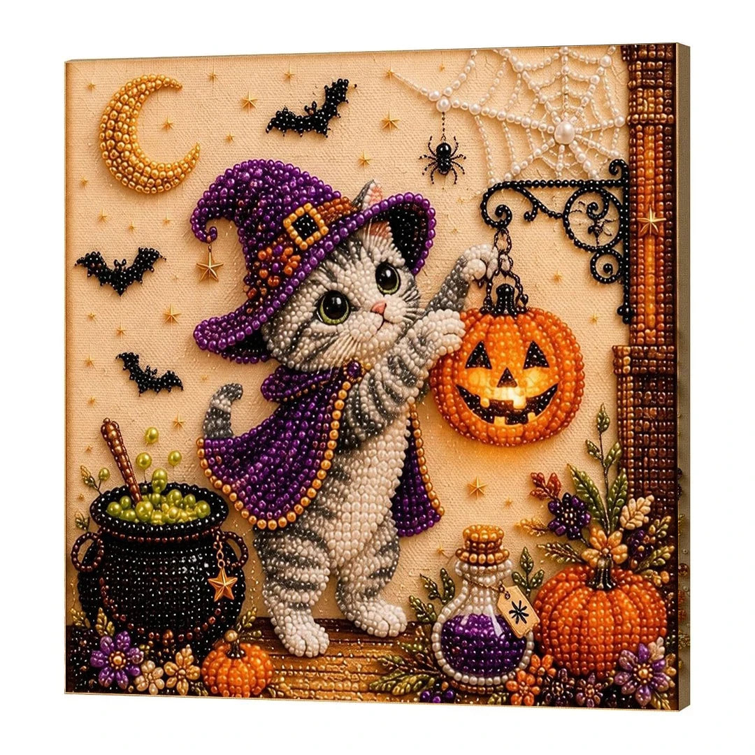Diamond painting kit featuring a purple cat surrounded by round gems and Halloween elements on a canvas