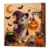 Diamond painting kit featuring a purple cat surrounded by round gems and Halloween elements on a canvas