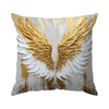 Decorative throw pillow cover featuring golden and white wings.