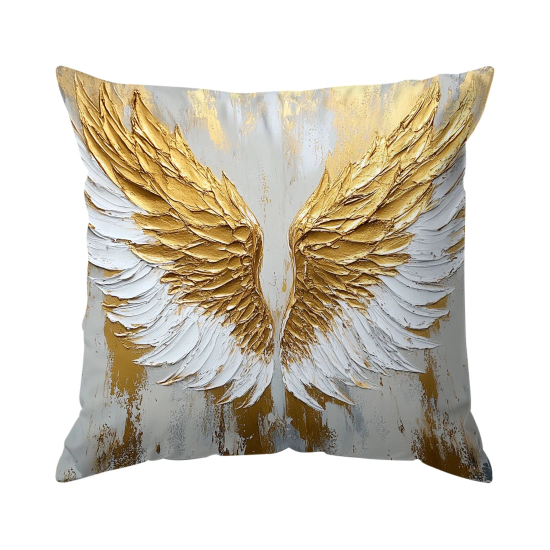 Decorative throw pillow cover featuring golden and white wings.