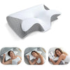 White orthopedic memory foam neck pillow shown in various angles and usage contexts.