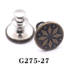 A round, antique bronze button pin with a star design and a silver cap.