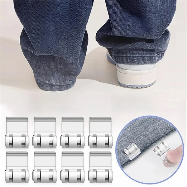 Close-up view of invisible edge clips used for adjusting the hem of pants