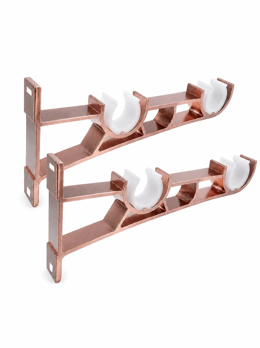 Two rose gold heavy duty curtain rod brackets with white curved supports.