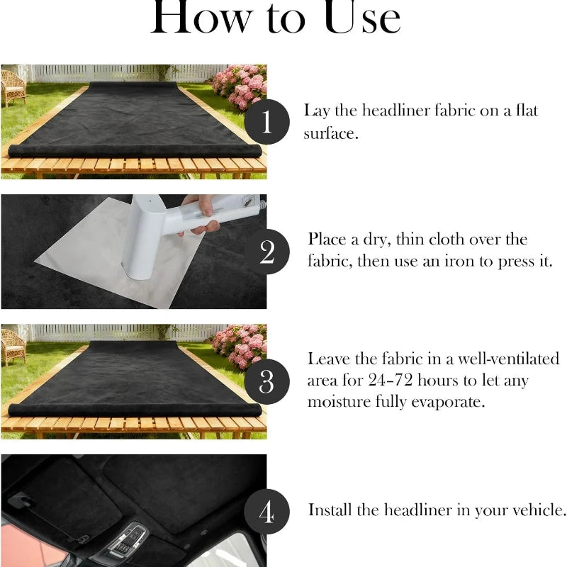 Instructions showing how to use the headliner fabric for a vehicle, including pressing and allowing moisture to evaporate.