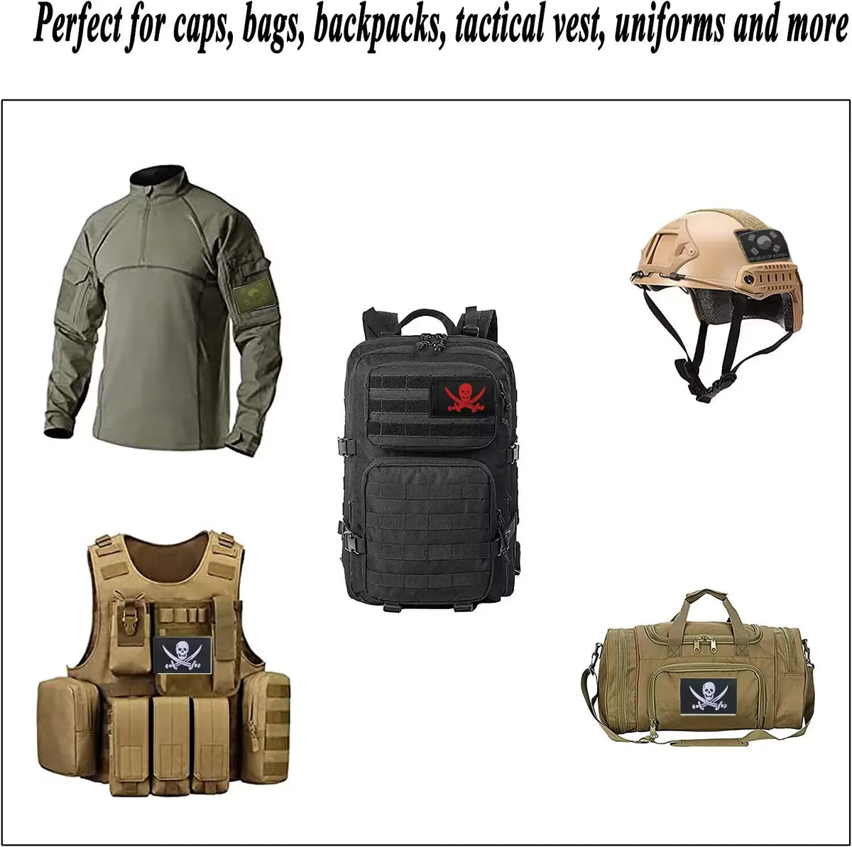 A collection of tactical gear including a military-style shirt, a black backpack, and a tan canvas bag.