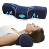 A dark blue memory foam cervical pillow is shown next to a person's neck for support.