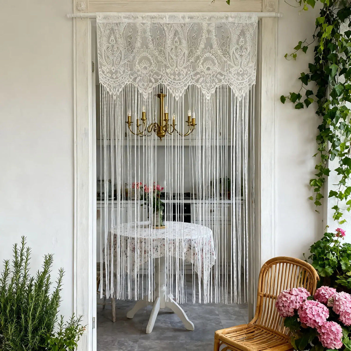 Vintage lace tassel door curtains hanging in a white door frame with a table and greenery visible.