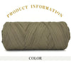 A tightly wound skein of thick, olive green polyester blended yarn for crafting.