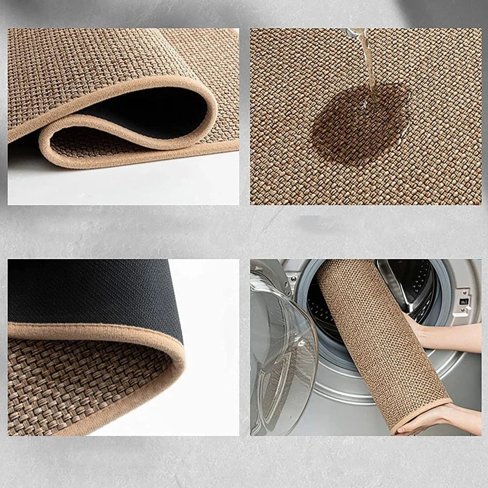 A close-up view of a natural fiber kitchen rug showing its texture and weave in various angles.