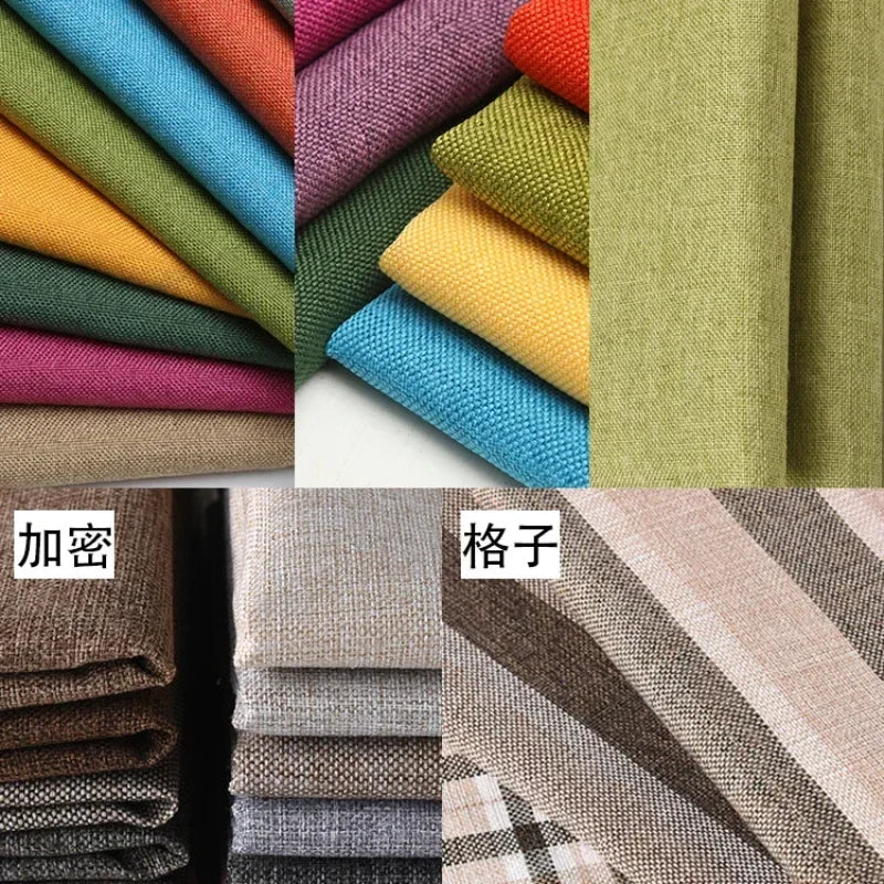 A collection of various colored coarse linen and cotton fabrics stacked and displayed in different textures and stripes.