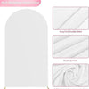 White fabric arch backdrop stand cover showing various textures and details like snug fit and elastic spandex