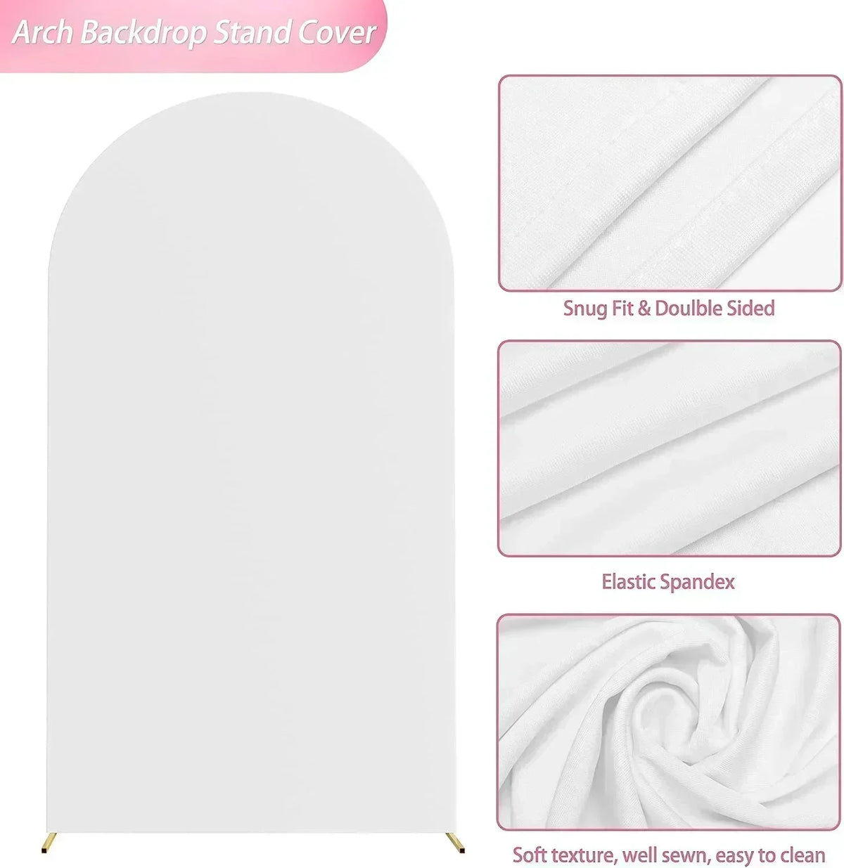 White fabric arch backdrop stand cover showing various textures and details like snug fit and elastic spandex