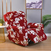 A deep red floral print recliner and sofa slipcover set displayed on a wooden floor.