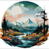 A cross stitch image depicting a scenic landscape of autumn mountains and a lake under a bright sky.