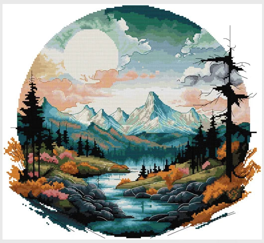 A cross stitch image depicting a scenic landscape of autumn mountains and a lake under a bright sky.