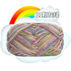 A ball of multi-colored yarn, featuring shades of pink, green, and gray, is shown against a white cloud with a rainbow backgr