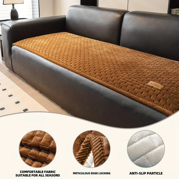 A dark brown plush quilted sofa cover with a textured fabric and edge locking features.