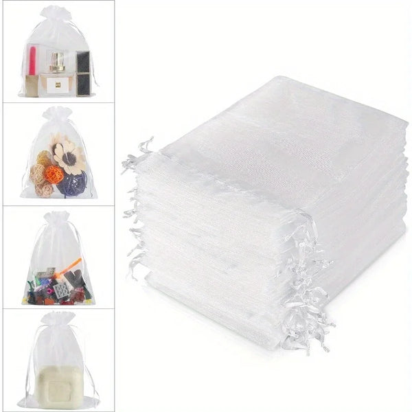 A bulk pack of mesh organza drawstring jewelry bags showing various small items inside.