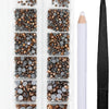 A clear plastic case containing multiple trays of crystal hot fix rhinestones and an applicator tool.