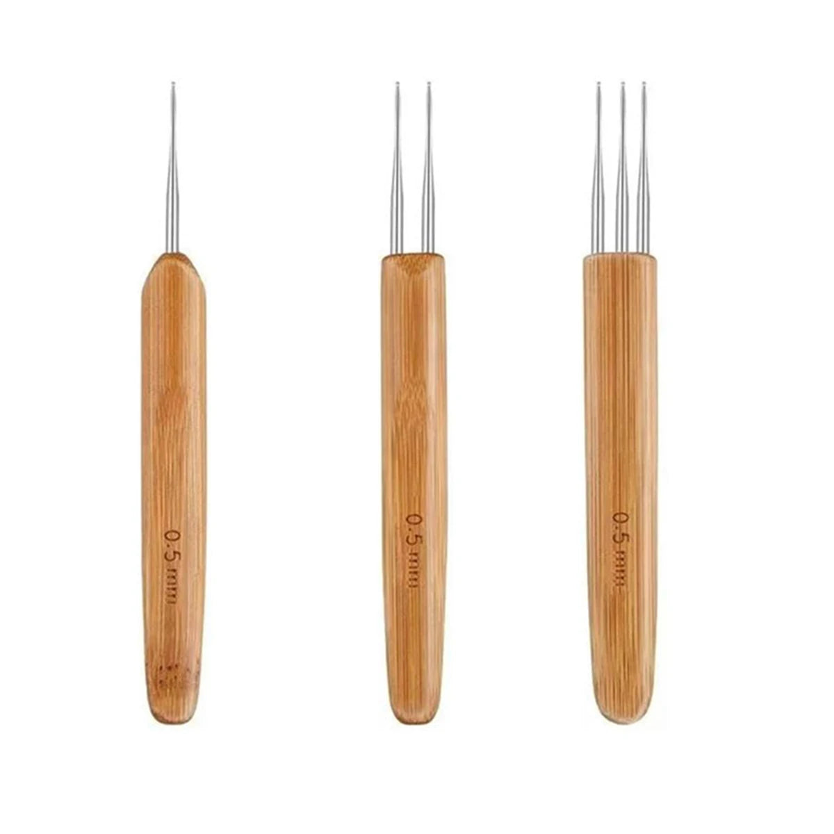 A set of five wooden crochet hooks for dreadlocks and braids